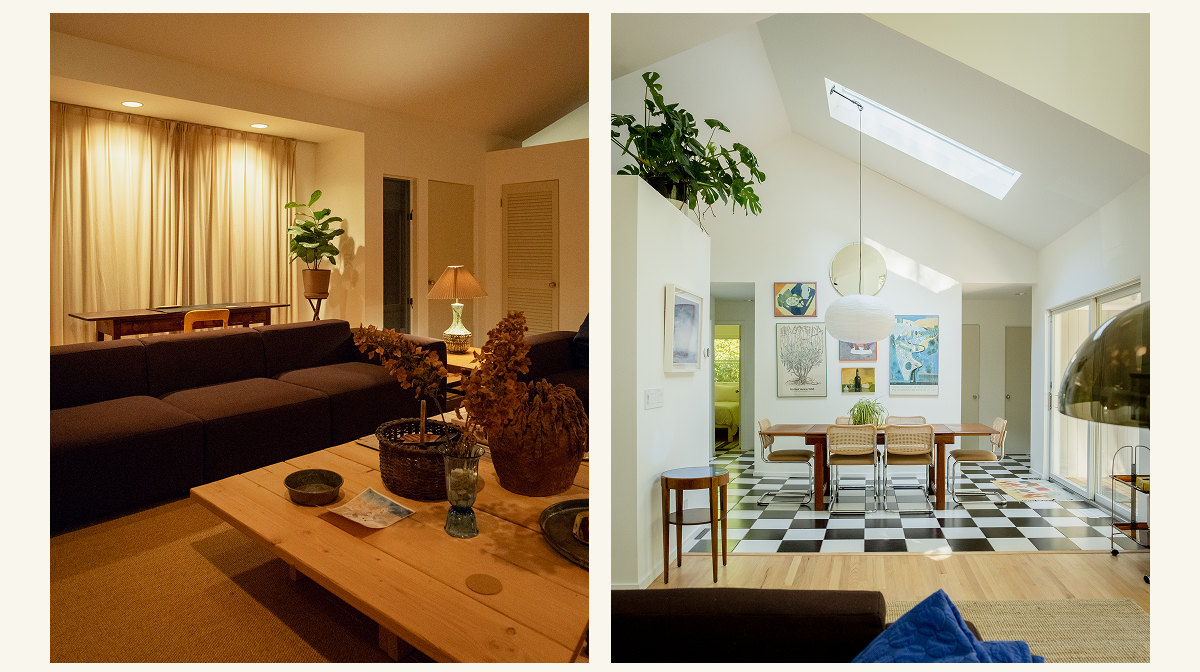 Pictured: The living room in evening light (L). The sun-soaked dining room (R).