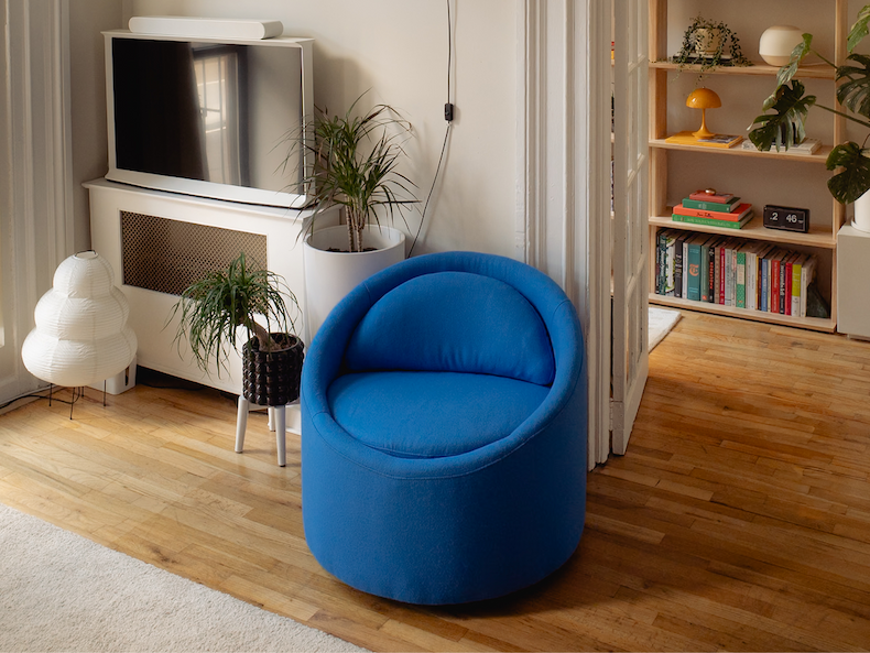 The Gere Easy Chair in Cerulean, styled by @brooklyn.apartment.