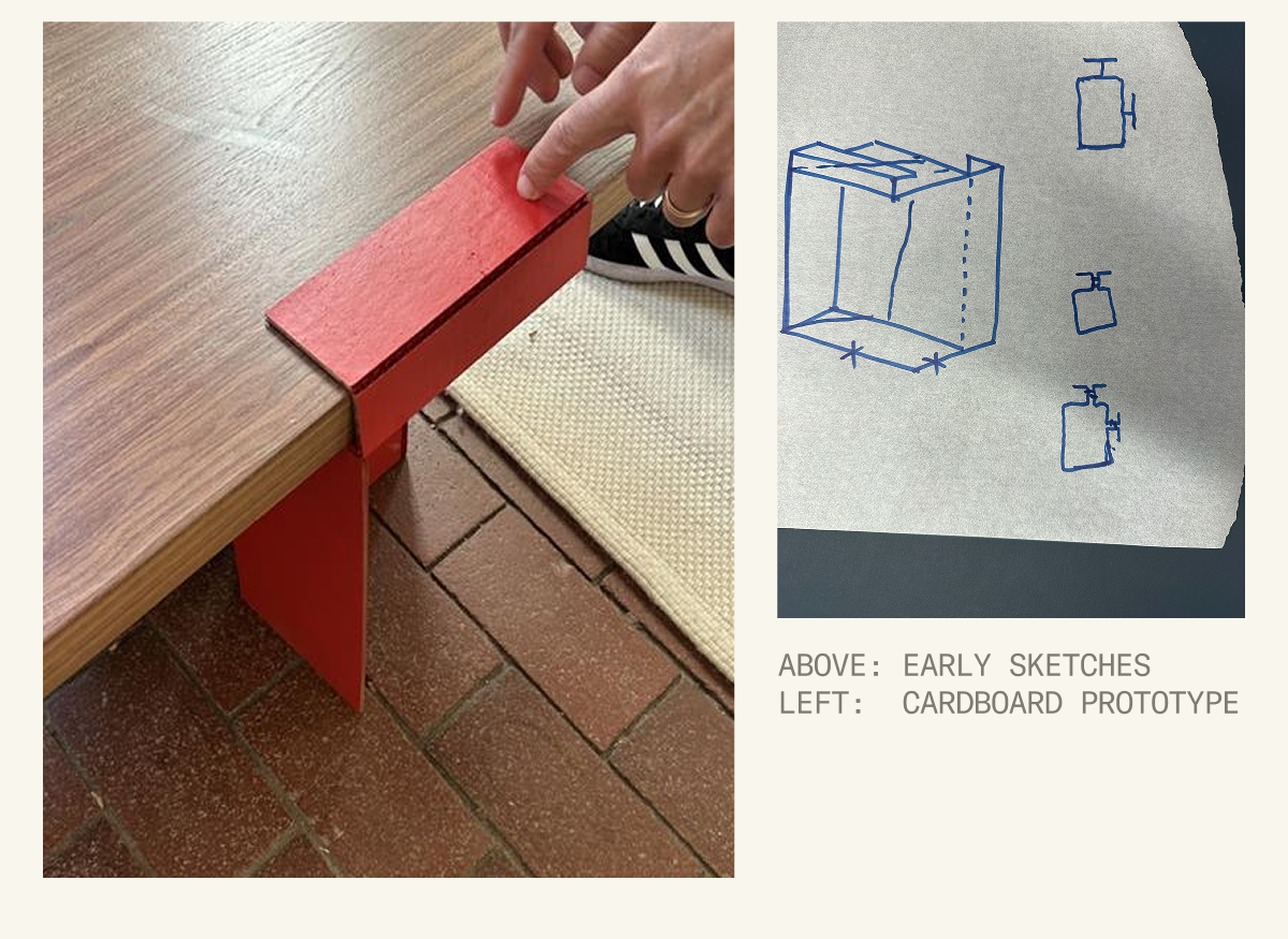 Pictured: Early sketches of the Lift Off supports alongside an early cardboard prototype.