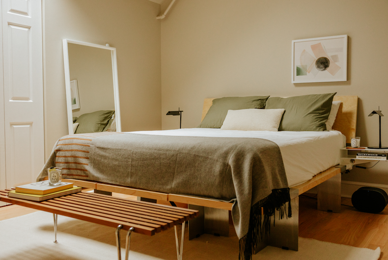 Pictured: The Lift Off Bed Frame in Birch & Stainless.