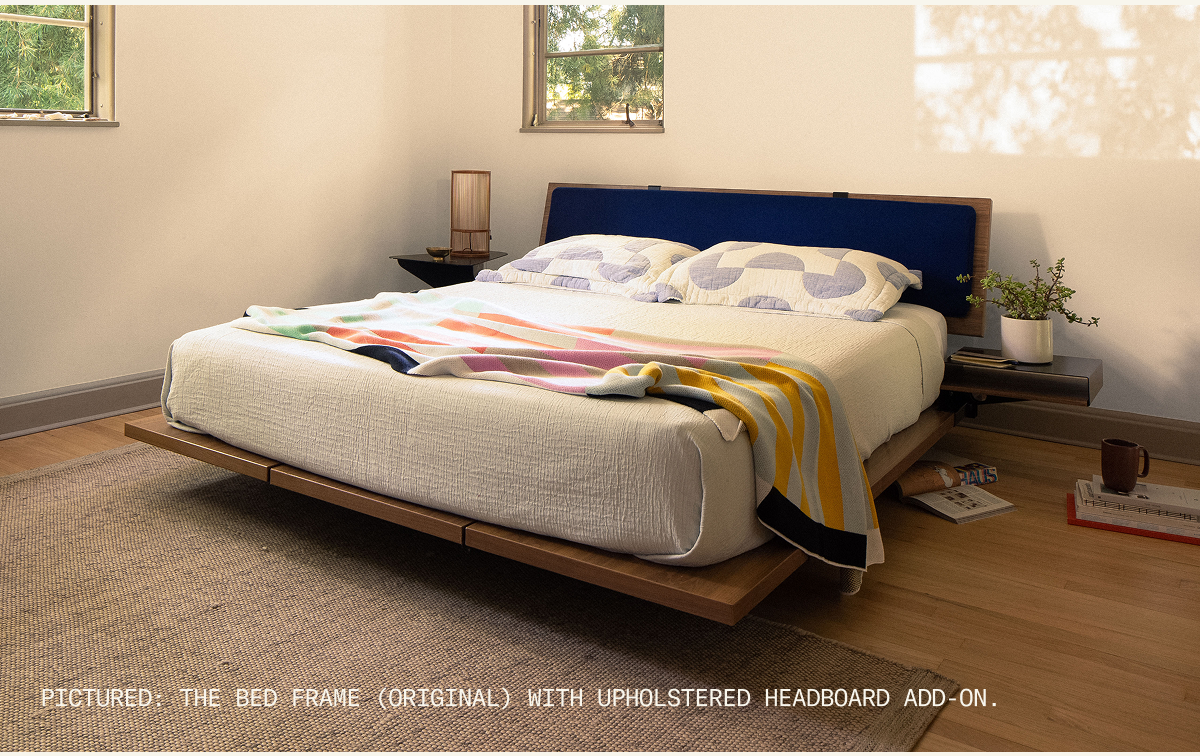 The Bed Frame (Original) with the Upholstered Headboard Add-On and Bedside Table Add-On