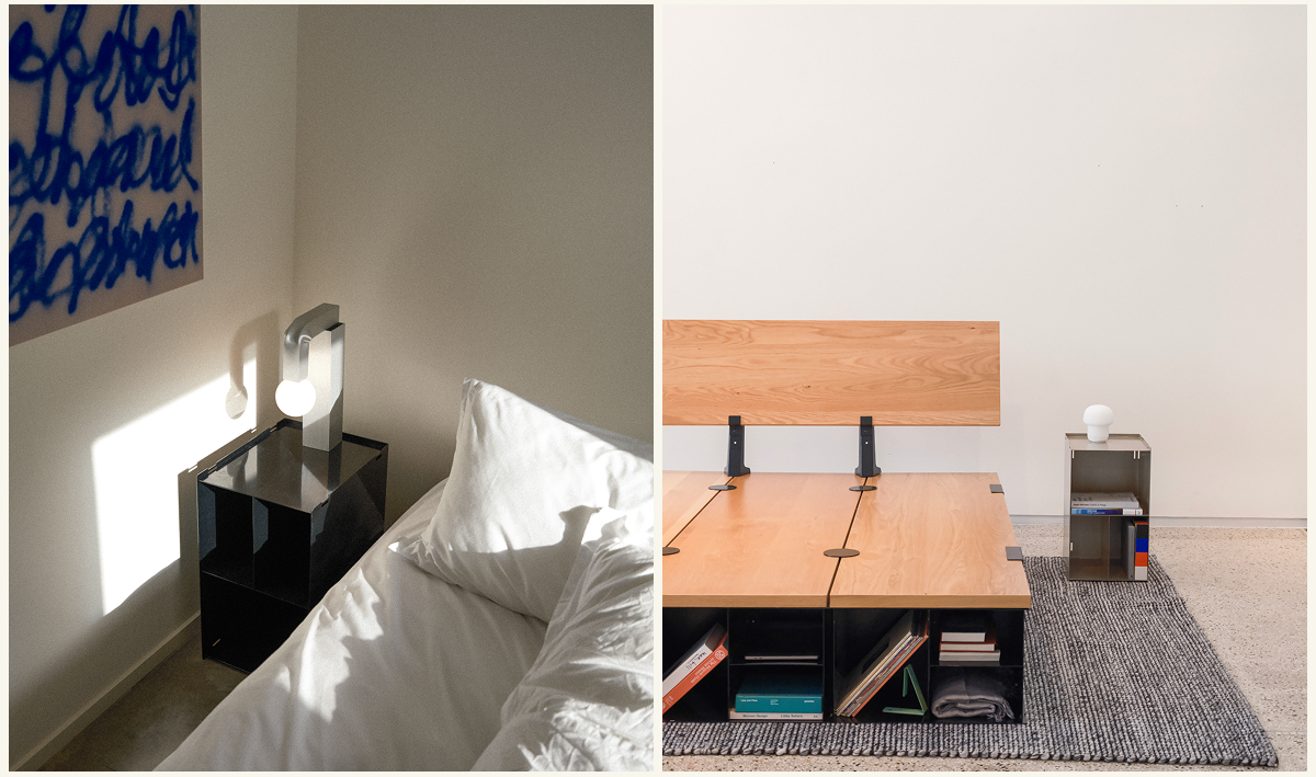 The Block works perfectly as a bedside table for either height of The Floyd Bed System