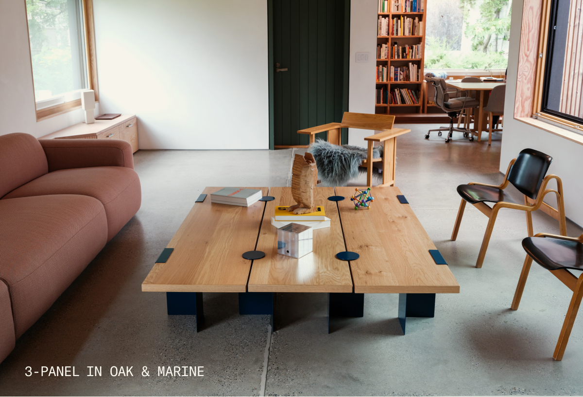 Pictured: The Lift Off Coffee Table (3-Panel) in Oak & Marine alongside The Soft Serve Sectional in Safflower (Serpentine) by Kvadrat.