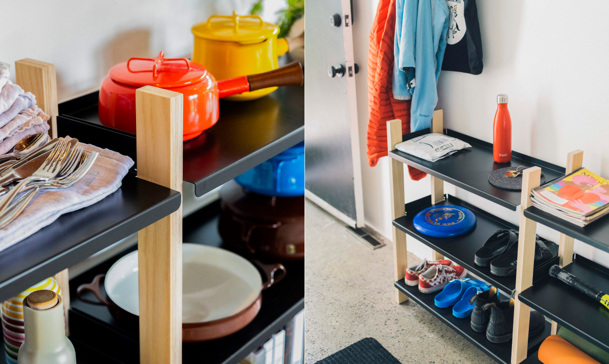 Pictured: The Shelving System (in Black/Ash) as kitchen shelves or entryway storage.