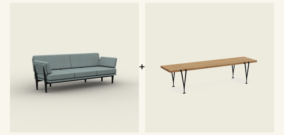 Save 35% when you bundle The Sofa 2.0 in Fjord & The Acton Slat Bench in Maple/Black.