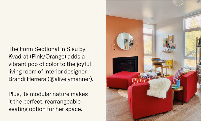 The Form Sectional in Sisu by Kvadrat (Pink/Orange) adds a vibrant pop of color to the joyful living room of interior designer Brandi Herrera (@alivelymanner).