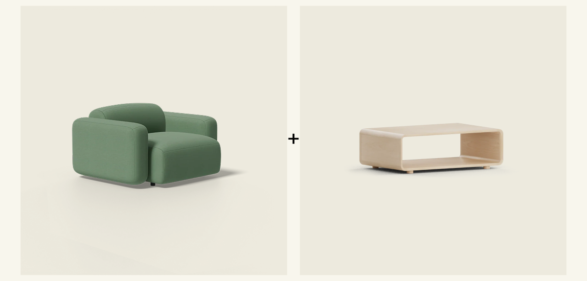 Save 35% when you bundle The Soft Serve Lounge Chair in Kiwi and the Modular Table in Maple.
