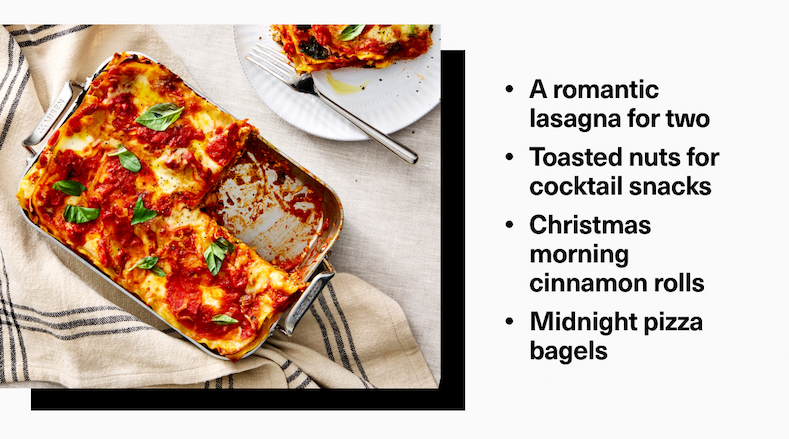 A romantic lasagna for two | Toasted nuts for cocktail snacks | Christmas morning cinnamon rolls | Midnight pizza bagels