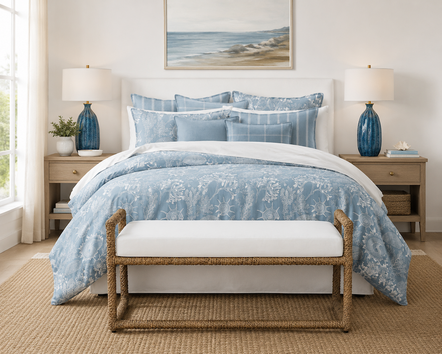 New Mariner's Rope Wrapped Bench Image with Blue seashell bedding