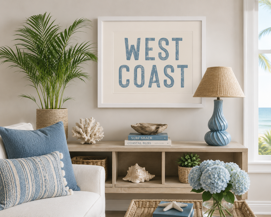 West Coast Beach Sign art in room