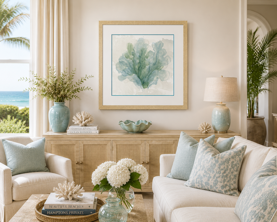Living room image with Tranquil Sea Coral Art II 
