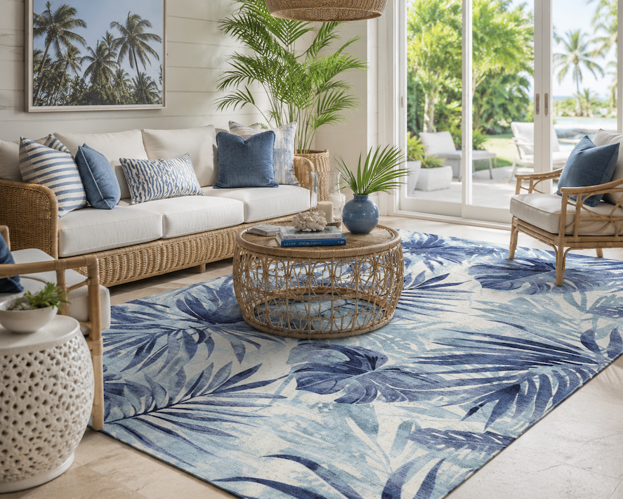 Belmar Coast Rug in Blue Palm living room image