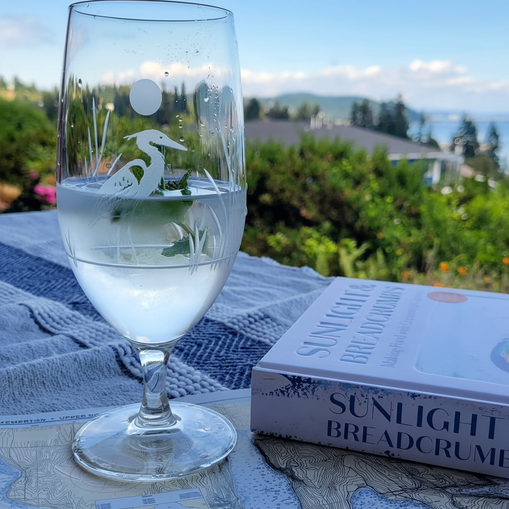 A glass of water with mint sits on a blanket next to a book with a scenic view.