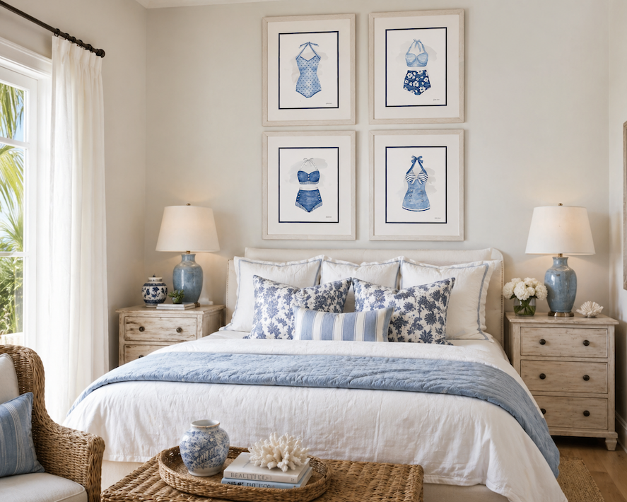 Blue Coastal Cottage Art Set of Four Image in a bedroom 