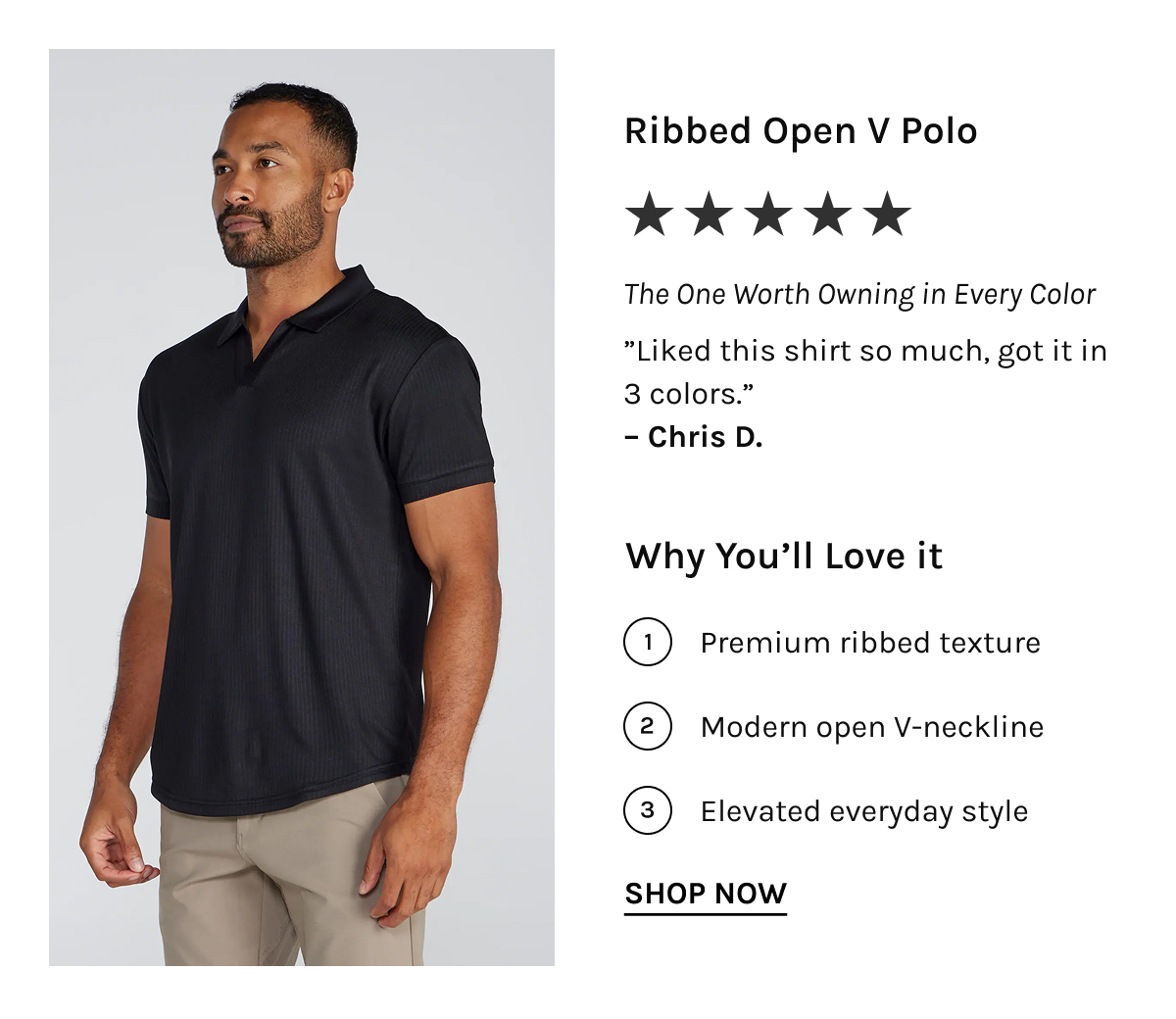 Ribbed Open V Polo ★★★★★ The One Worth Owning in Every Color "Liked this shirt so much, got it in 3 colors." – Chris D.  Why You'll Love it  Premium ribbed texture Modern open V-neckline Elevated everyday style [[SHOP NOW]]