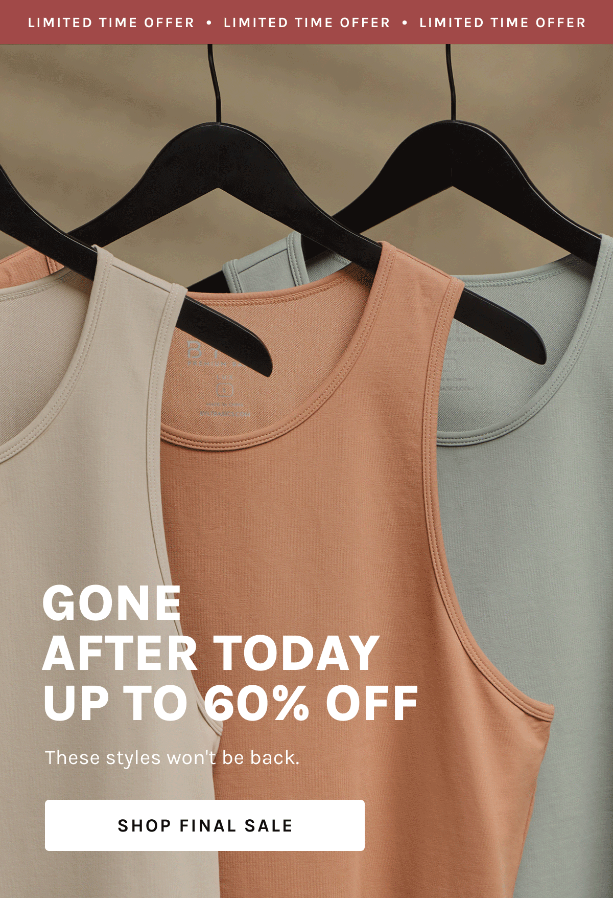LIMITED TIME OFFER  •  GONE AFTER TODAY UP TO 60% OFF These styles won't be back. SHOP FINAL SALE