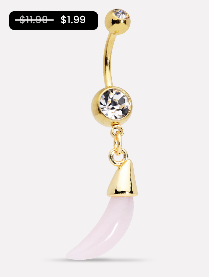 Clear Pink Gem Gold Tone Crescent Stone Hippie Dangle Belly Ring