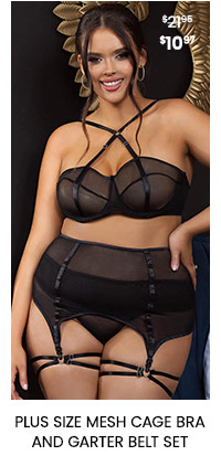 Plus size mesh cage bra and garter belt set
