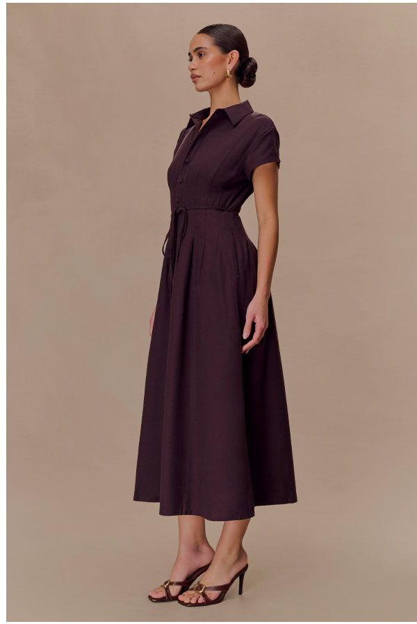 Aysha Buttoned Linen Midi Dress - Chocolate