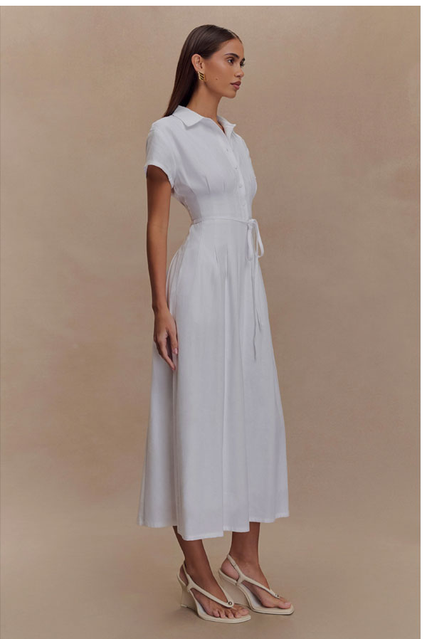 Aysha Buttoned Linen Midi Dress - White