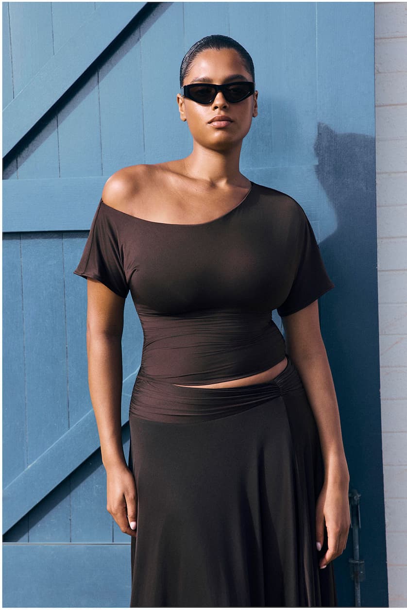 Luu Off Shoulder Slinky Top - Dark Chocolate