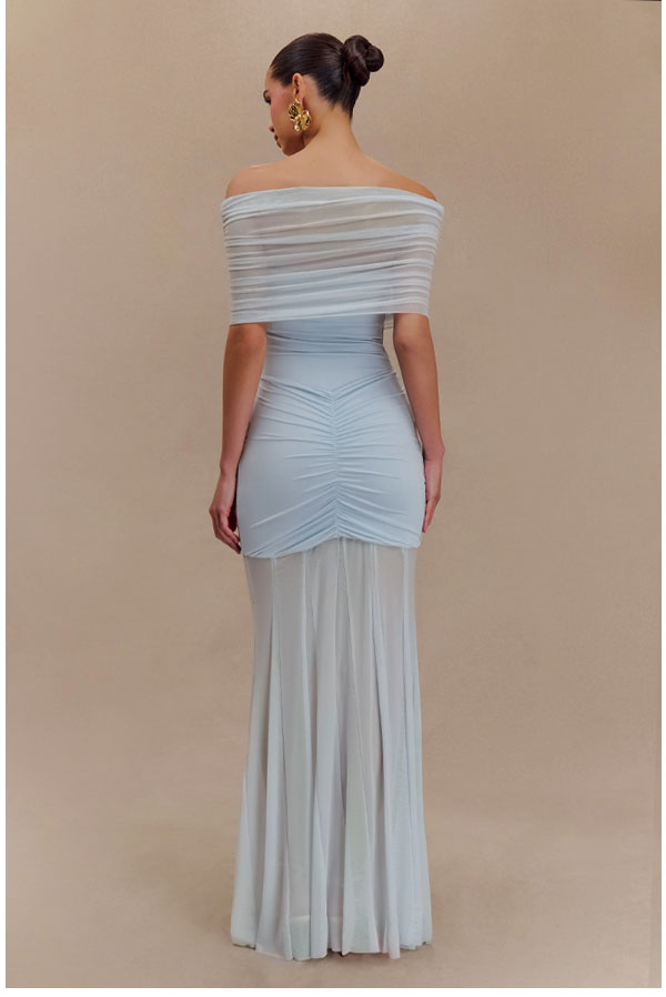 Caspian Slinky And Mesh Off Shoulder Maxi Dress - Pale Blue