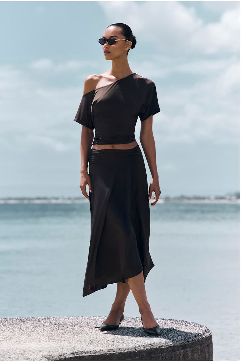 Luu Off Shoulder Slinky Top - Dark Chocolate