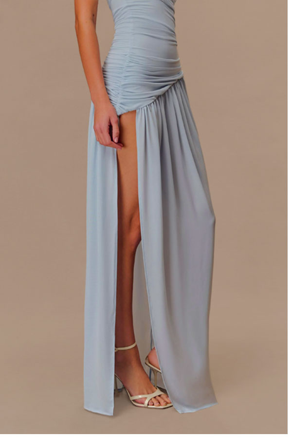 Bex Strapless Slinky Maxi Dress With Split - Pale Blue