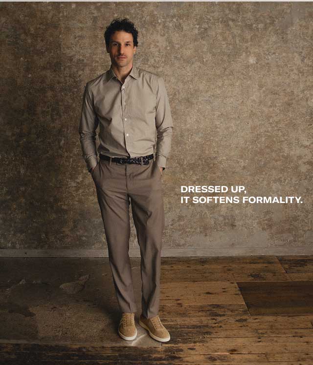 Monza in Wheat Dressed down, it adds structure. Monza in Wheat Dressed up, it softens formality.
