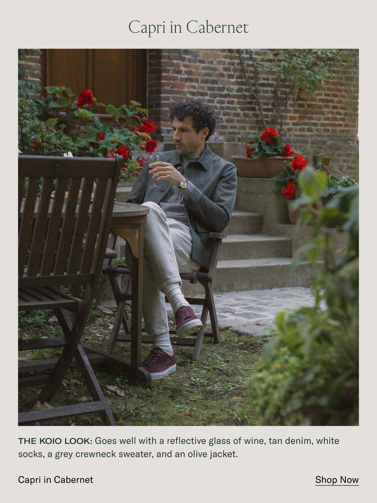 Capri in Cabernet The Koio look: Goes well with a reflective glass of wine, tan denim, white socks, a grey crewneck sweater, and an olive jacket. Capri in Cabernet Shop Now