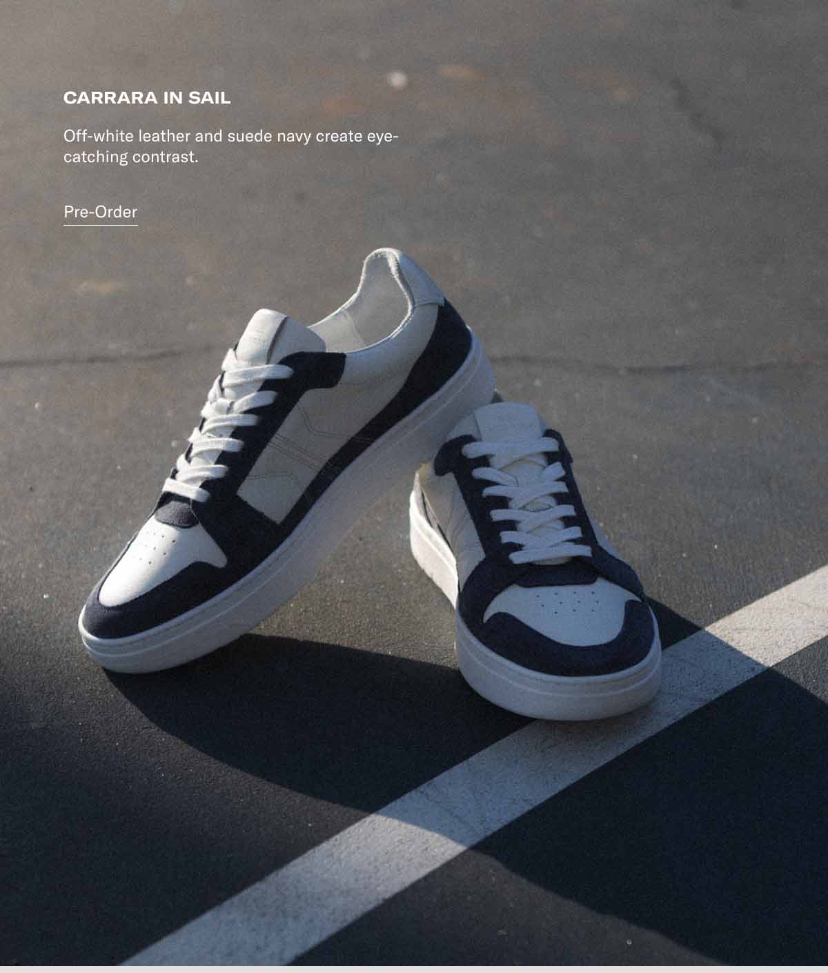 Carrara in Sail Off-white leather and suede navy create eye-catching contrast.  Pre-Order