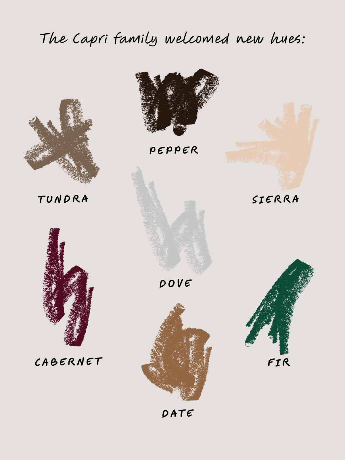 The Capri family welcomed new hues: Pepper Tundra Sierra Dove Cabernet Fir Date