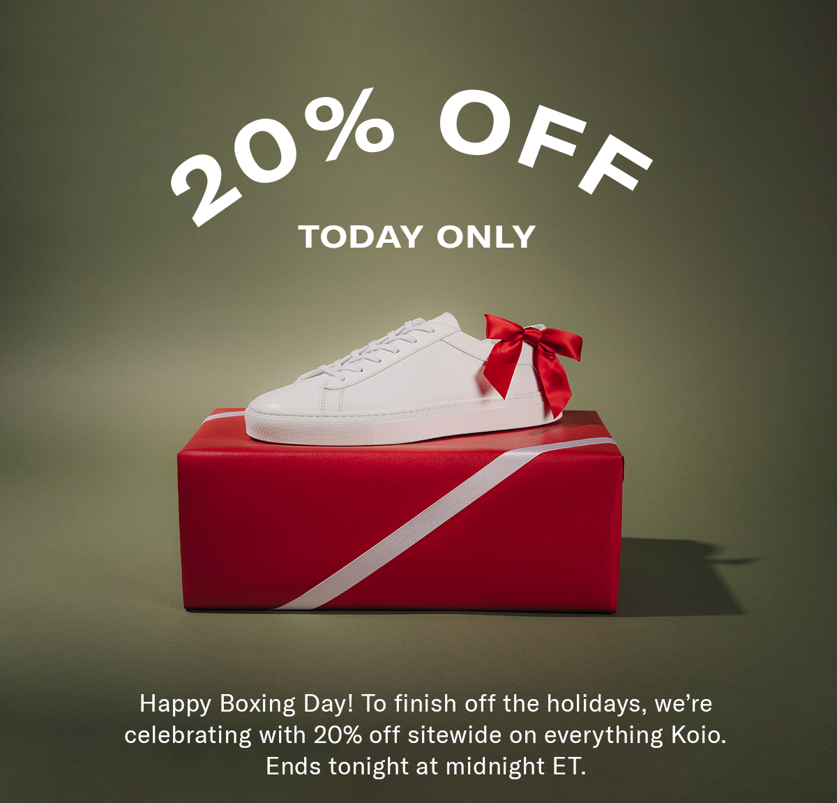 Happy Boxing Day! To finish off the holidays, we're celebrating with 20% off sitewide on everything Koio. Ends tonight at midnight ET.