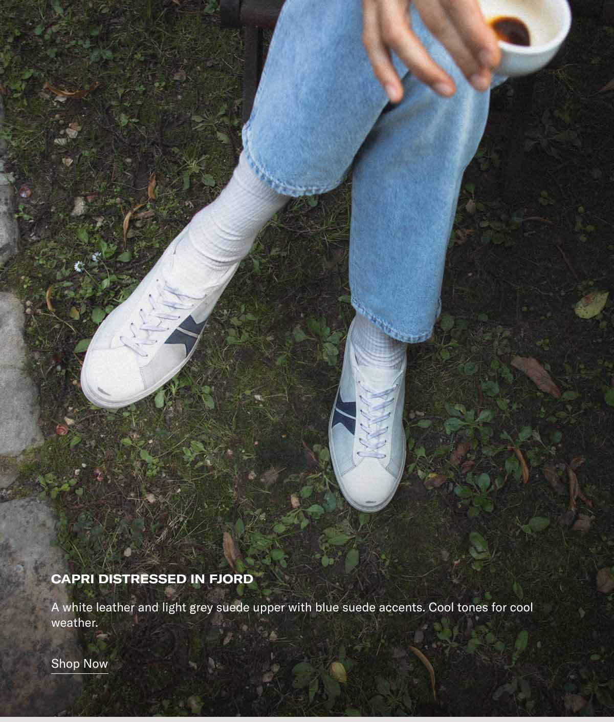 Capri Distressed in Fjord A white leather and light grey suede upper with blue suede accents. Cool tones for cool weather. Shop Now