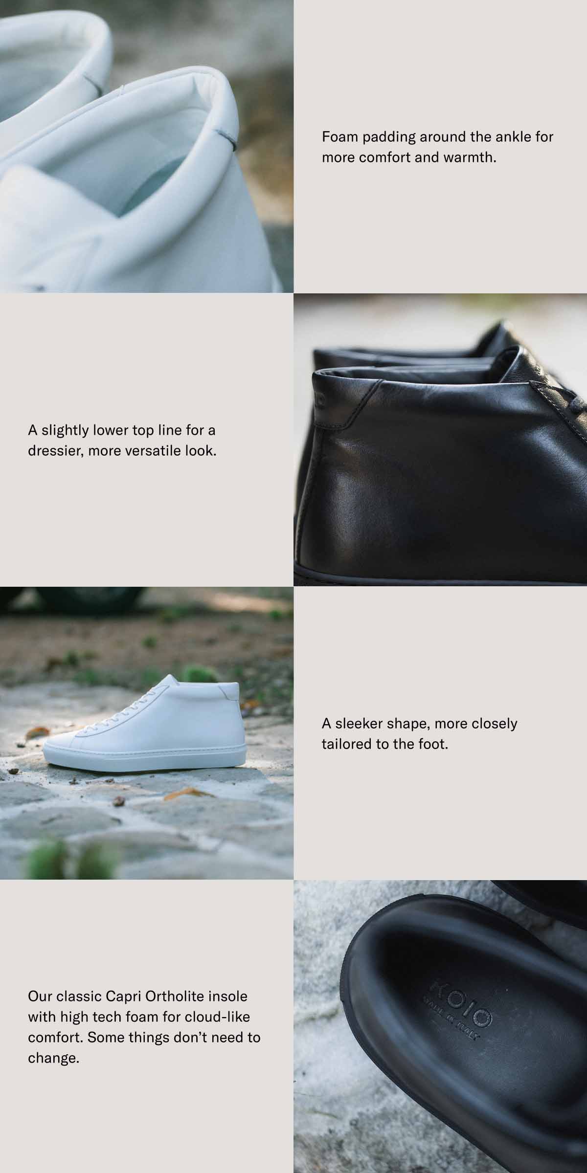 Custom Ergonomic Shape Foam padding around the ankle for more comfort and warmth.   Soft-feel Construction A slightly lower top line for a dressier, more versatile look.   Italian craftsmanship A sleeker shape, more closely tailored to the foot.   Retro Design elements Our classic Capri Ortholite insole with high tech foam for cloud-like comfort. Some things don't need to change.