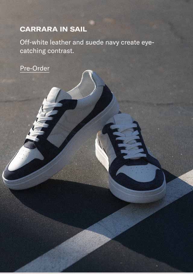 Carrara in Sail Off-white leather and suede navy create eye-catching contrast. Pre-Order