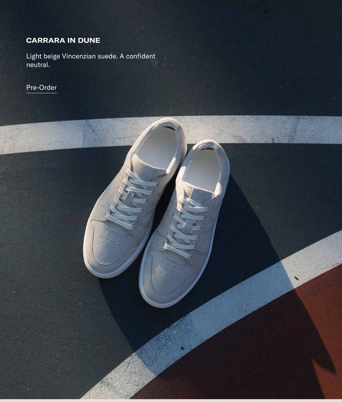 Carrara in Dune Light beige Vincenzian suede. A confident neutral. Pre-Order
