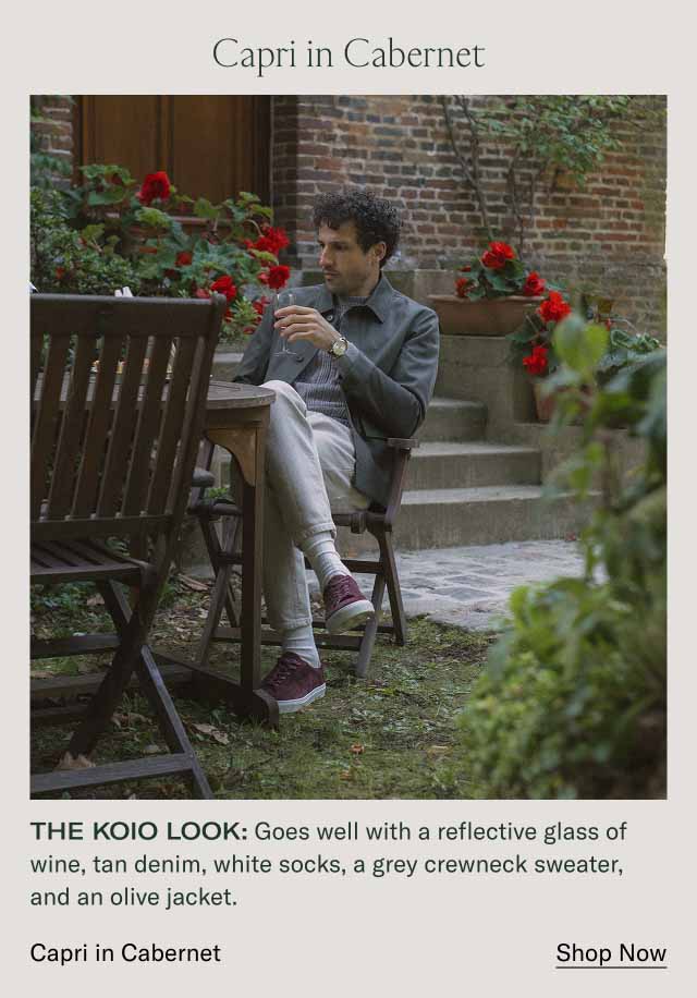 Capri in Cabernet The Koio look: Goes well with a reflective glass of wine, tan denim, white socks, a grey crewneck sweater, and an olive jacket. Capri in Cabernet Shop Now