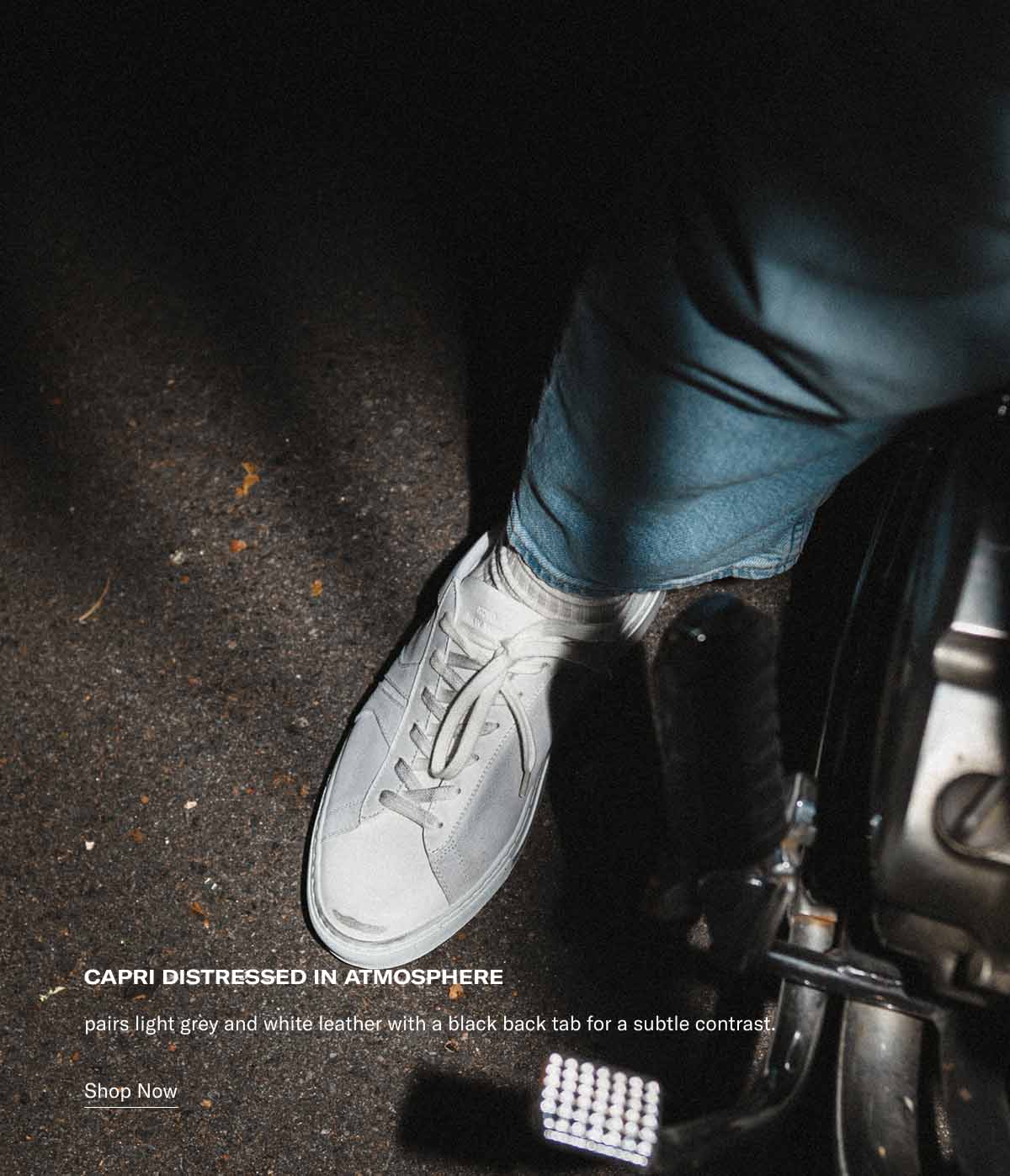 Capri Distressed in Atmosphere pairs light grey and white leather with a black back tab for a subtle contrast. Shop Now