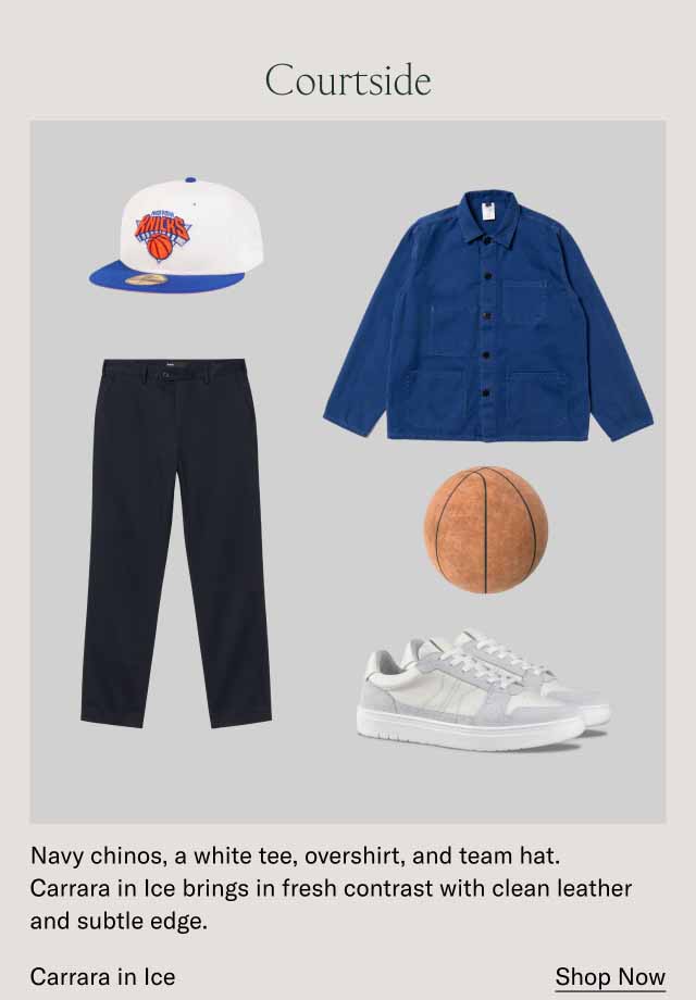 Courtside Navy chinos, a white tee, overshirt, and team hat. Carrara in Ice brings in fresh contrast with clean leather and subtle edge. Carrara in Ice Shop Now