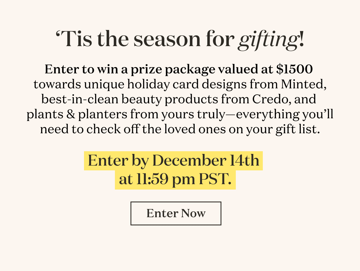 Enter to win a prize package valued at $1500  towards unique holiday card designs from Minted, best-in-clean beauty products from Credo, and plants  & planters from yours truly—everything you’ll need to check off the loved ones on your gift list. Enter by December 14th at 11:59 pm PST.