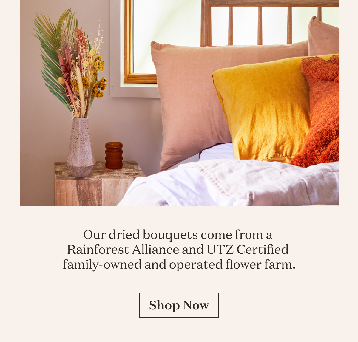 Our dried bouquets come from a Rainforest Alliance and UTZ Certified family-owned and operated flower farm.