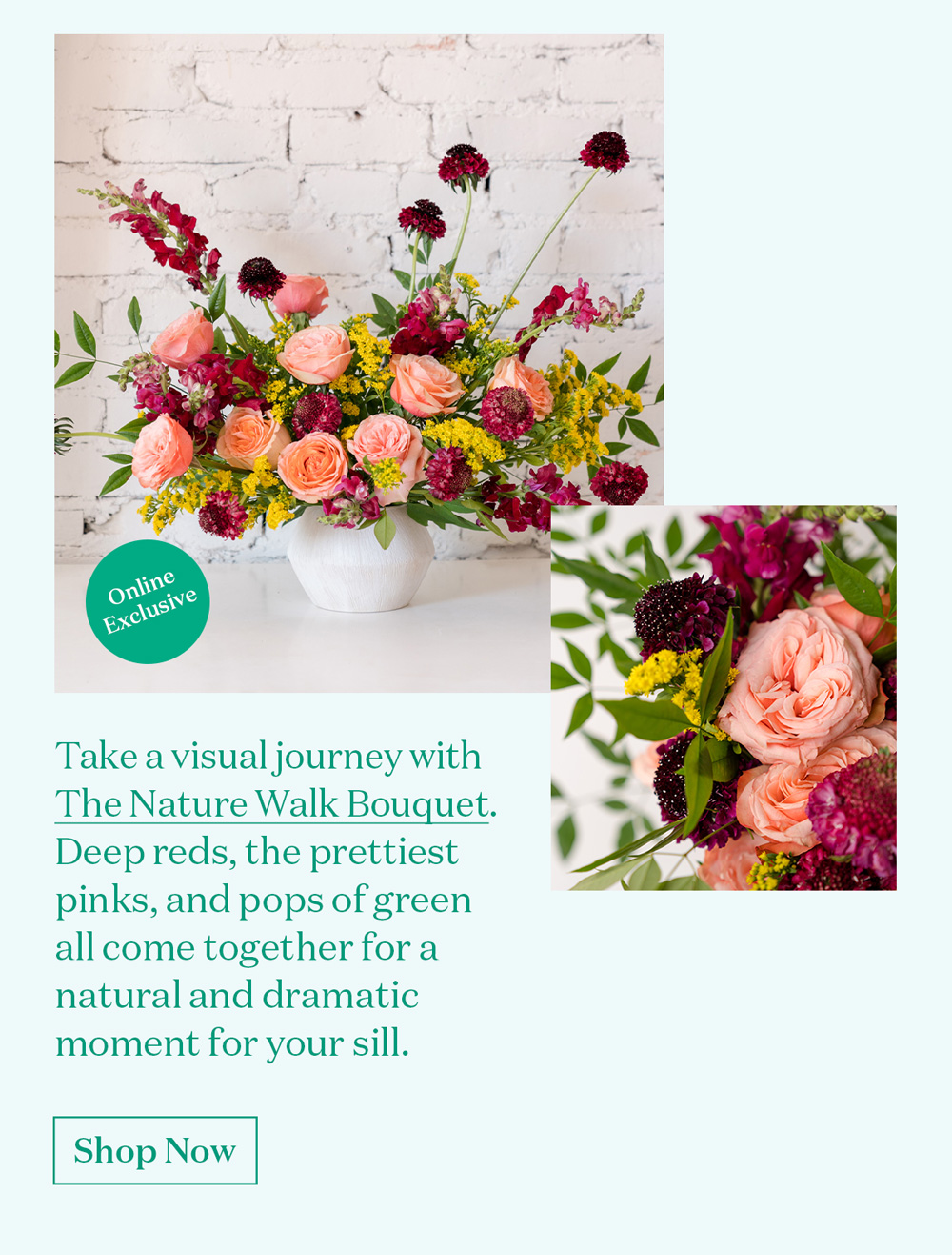 Take a visual journey with The Nature Walk Bouquet. Deep reds, the prettiest pinks, and pops of green come together for a naturally dramatic moment for your sill. 