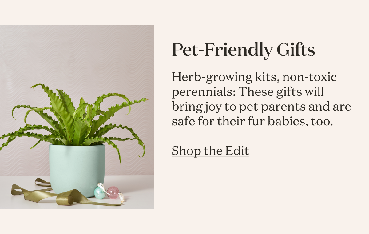 Pet Friendly Gifts. Herb-growing kits, non-toxic perennials: These gifts will bring joy to pet parents and are safe for their fur babies, too.