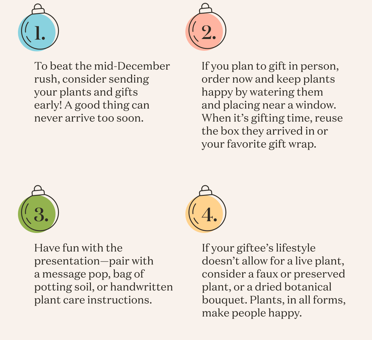 1. To beat the mid-December rush, consider sending your plants and gifts early! A good thing can never arrive too soon.   2. If you plan to gift in person, order now and keep plants happy by watering them and placing near a window. When it’s gifting time, reuse the box they arrived in or your favorite gift wrap.   3. Have fun with the presentation—pair with a message pop, bag of potting soil, or handwritten plant care instructions.   4. If your giftee’s lifestyle doesn’t allow for a live plant, consider a faux or preserved plant, or a dried botanical bouquet. Plants, in all forms, make people happy. 