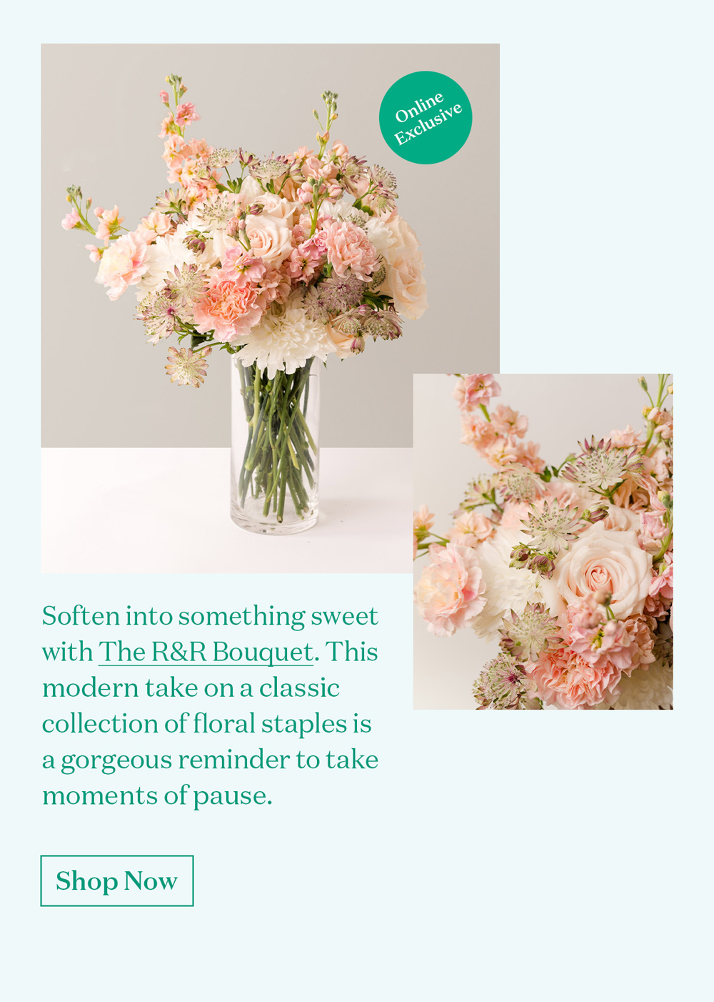 Try something sweet with The R&R Bouquet. This classic collection of floral staples is a gorgeous reminder to ease your worries away.