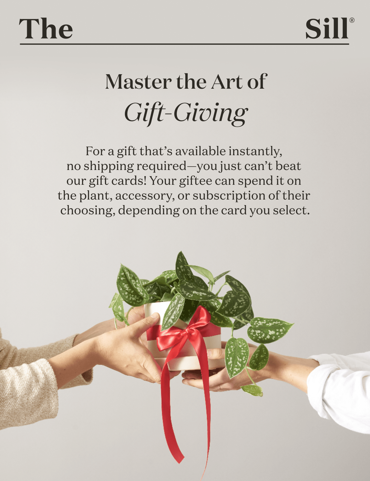 Master the art of gift-giving. For a gift that’s available instantly,  no shipping required—you just can’t beat  our gift cards! Your giftee can spend it on  the plant, accessory, or subscription of their  choosing, depending on the card you select.