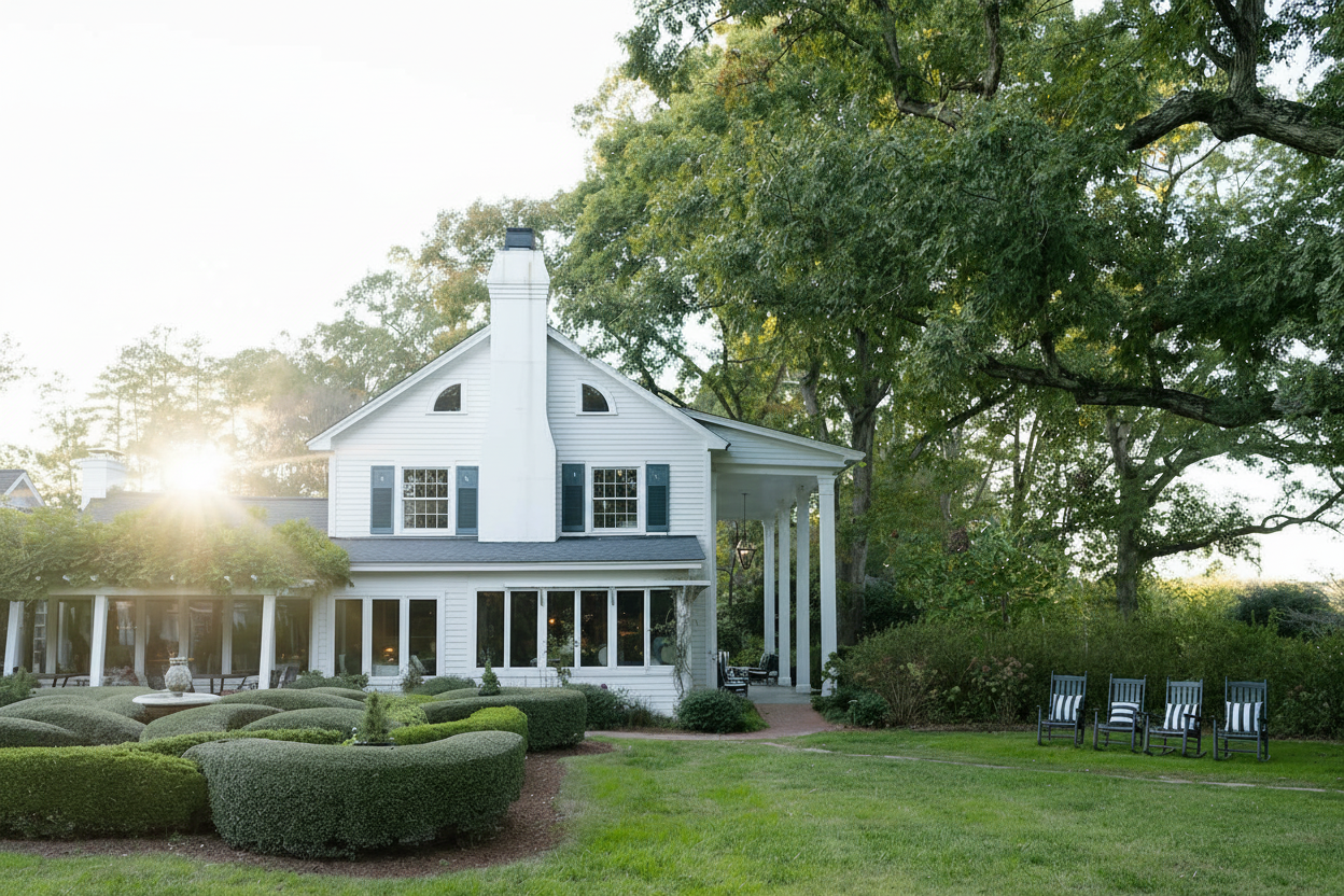 The Fearrington House surrounded by manicured gardens and towering oak trees in the soft evening light. Fearrington Village.