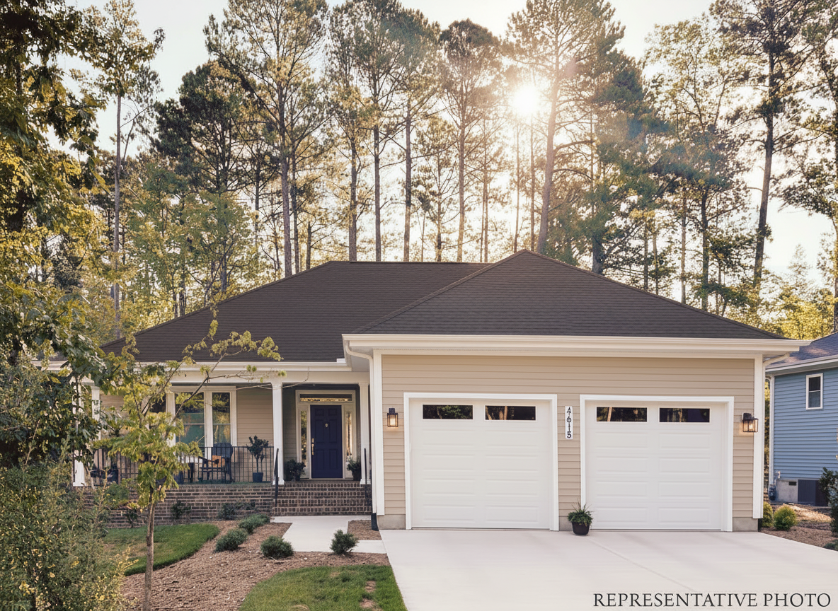 Single-story home with a welcoming front porch, two-car garage, and wooded backdrop, shown as a representative photo. Fearrington Village.
